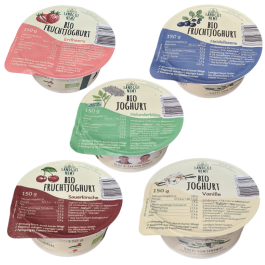 5 Sorten Bio-Fruchtjogurt mit verschieden-farbigen Deckeln je Sorte, je 150g